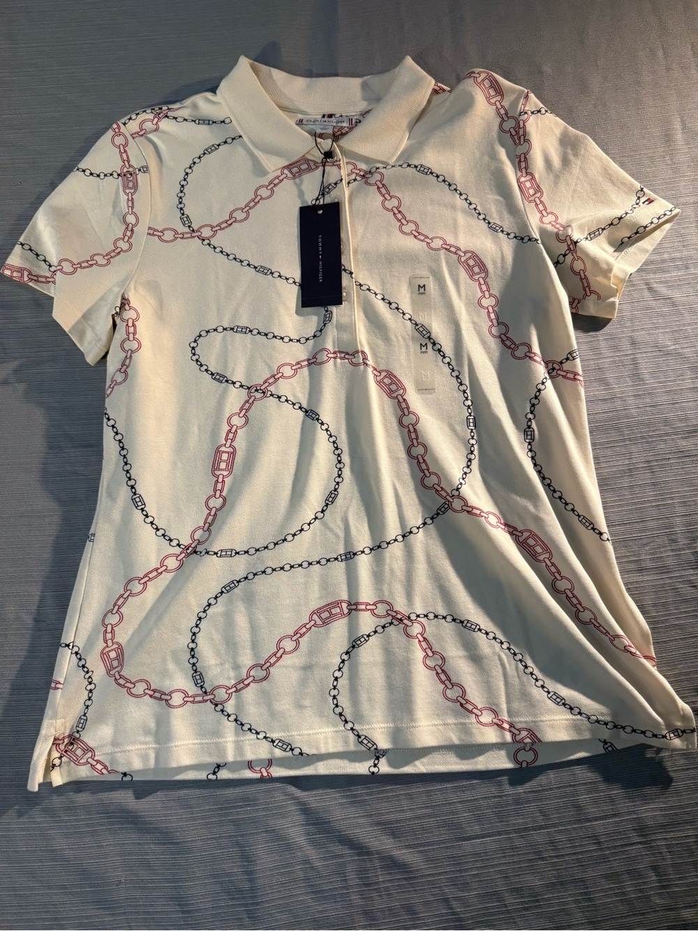 Tommy Hilfiger Cream Polo Shirt with Pink and Black Chain Print